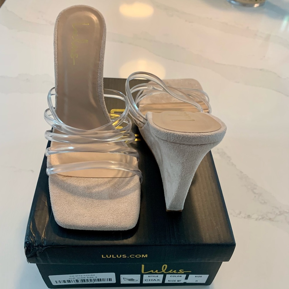 Nude Suede Clear Slide-On Wedge Sandals - Size 8